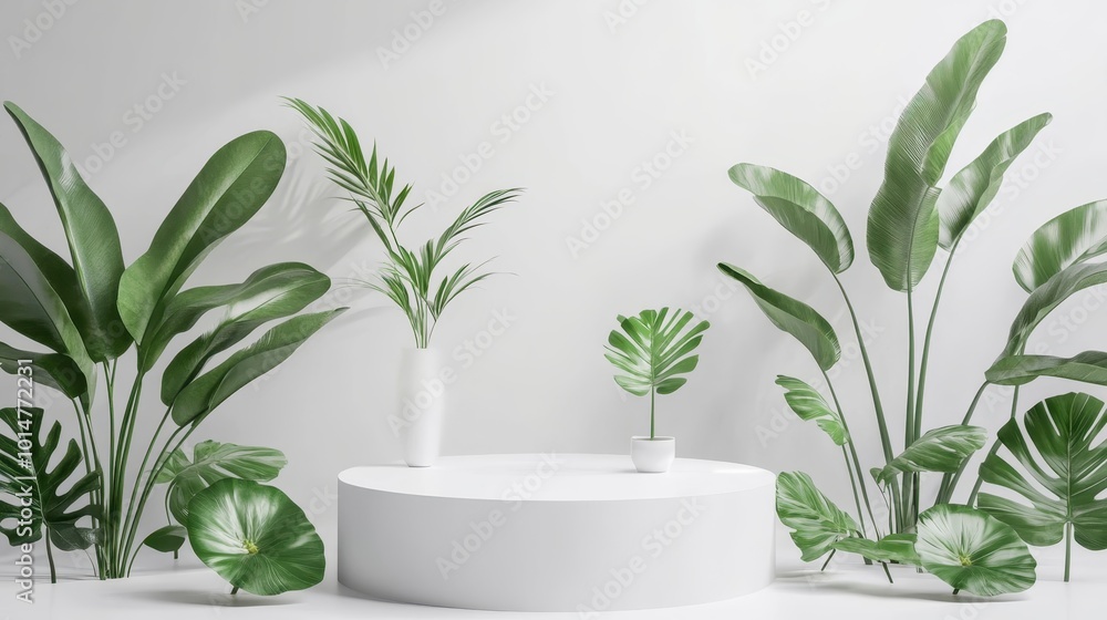 Variety of green potted plants arranged around a white cylindrical platform against a white background, creating a fresh and natural display Variety of green potted plants arranged around a white cylindrical platform against a white background, creating a fresh and natural display