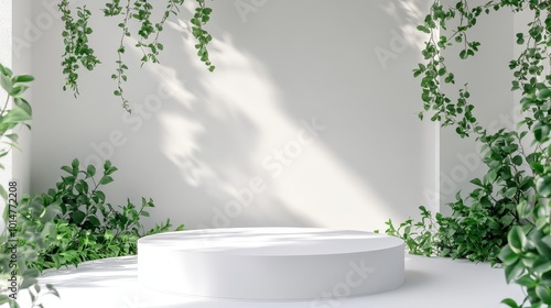 White cylindrical pedestal in a room with white walls, surrounded by green plants with hanging vines, and sunlight casting shadows on the wall and floor photo