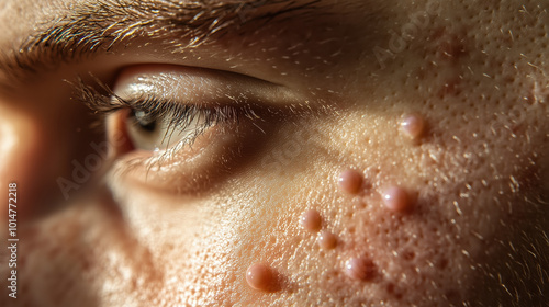 Macro Photograph of Shingles on Face Highlighting Painful Blisters in Detailed Clusters for Medical and Dermatology Use photo