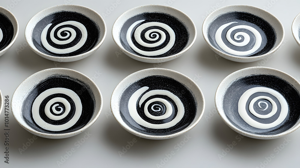 A top view of a beautifully designed black and white ceramic plate, showcasing intricate patterns that reflect elegance and sophistication. The striking contrast between the deep black and crisp white A top view of a beautifully designed black and white ceramic plate, showcasing intricate patterns that reflect elegance and sophistication. The striking contrast between the deep black and crisp white