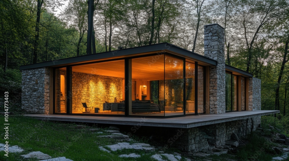 Fototapeta premium A modern stone cabin with expansive glass windows, warmly lit, surrounded by lush forest for a serene nature retreat. 