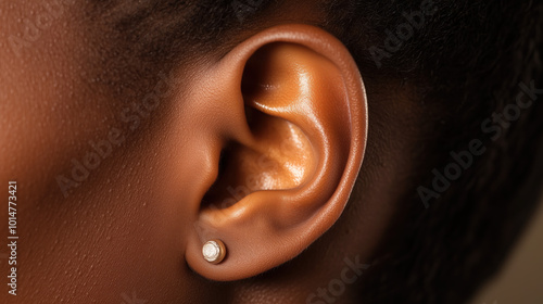 Detailed Close-Up of a Human Ear in Natural Lighting, Highlighting Skin Texture and Fine Details for Medical, Anatomy, and Cosmetic Use photo