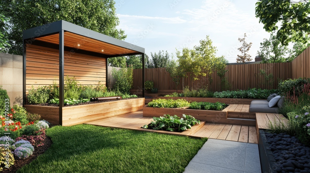 Modern garden design featuring raised beds, wooden structures, and lush greenery. Modern garden design featuring raised beds, wooden structures, and lush greenery.
