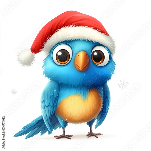 Blue bird wearing a red hat and a red bow