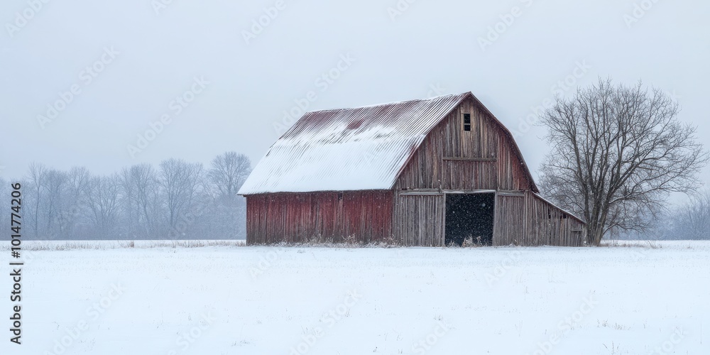 A scenic red barn covered in snow, surrounded by a tranquil winter landscape, creating a peaceful rural atmosphere. A scenic red barn covered in snow, surrounded by a tranquil winter landscape, creating a peaceful rural atmosphere.