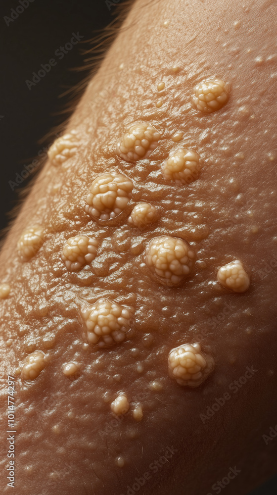 Fototapeta premium Detailed Forearm Photograph Illustrating Bullous Pemphigoid with Tense Blisters Filled with Fluid for Dermatological Study