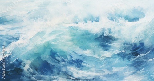 A beautiful photorealistic view of the sea surface, with waves breaking and splashing water, capturing intricate details in shades of blue and white