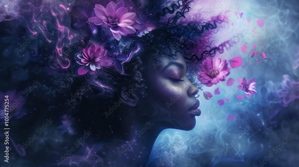 Portrait of a woman with vibrant curly hair adorned with purple flowers, set against a dreamy, ethereal background Portrait of a woman with vibrant curly hair adorned with purple flowers, set against a dreamy, ethereal background