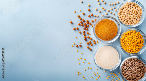 Several glass bowls filled with different types of mustard seeds and spices are neatly arranged on a soft blue surface, highlighting their unique textures and hues photo