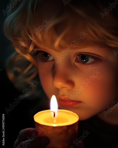 A child holding a candle during Yom Kippur, softly illuminated by its warm glow. Close-up shot capturing the innocence and tranquility of the moment. photo