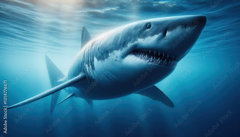 A great white shark swimming in clear blue ocean waters. A great white shark swimming in clear blue ocean waters.