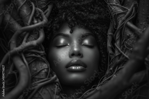 A serene woman with closed eyes surrounded by intertwining branches in a monochrome setting Her presence evokes calm and connection with nature