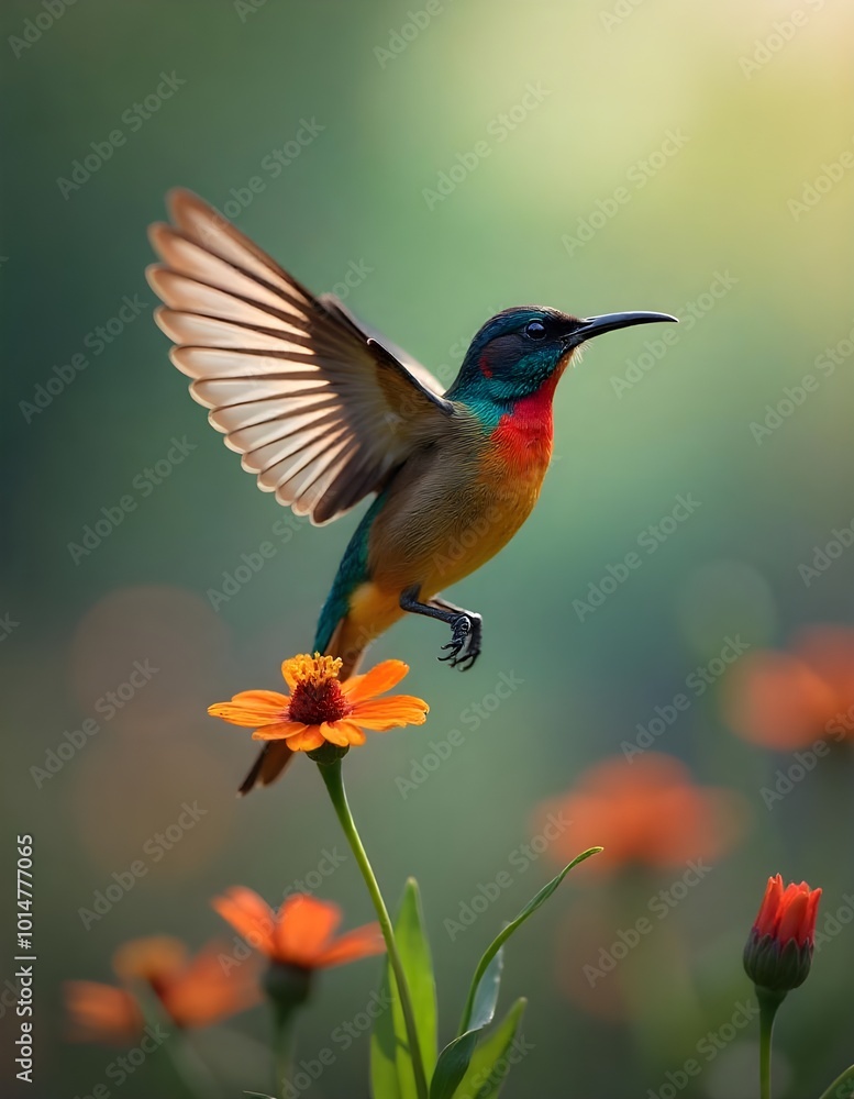 Fototapeta premium a colorful bird with wings spread out on a flower.