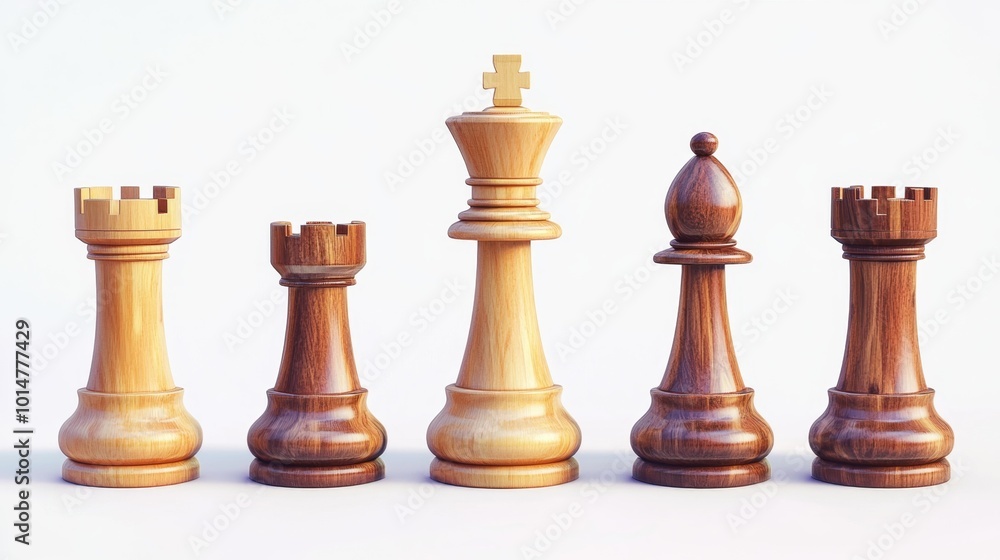 Wooden chess pieces set on a white background king bishop rook arranged side by side. Generative AI Wooden chess pieces set on a white background king bishop rook arranged side by side. Generative AI