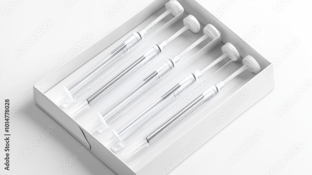 Disposable syringes in packaging on a white background realistic medical equipment stock image. Generative AI Disposable syringes in packaging on a white background realistic medical equipment stock image. Generative AI