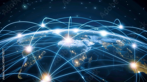 A stunning visual representation of global network connections with glowing lines linking different parts of the world, symbolizing digital communication.