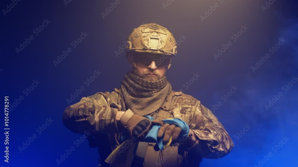 A young military man stands on a blue dark background in the smoke holding the Ukrainian flag in his hands. Concept of victory, confidence and fortitude A young military man stands on a blue dark background in the smoke holding the Ukrainian flag in his hands. Concept of victory, confidence and fortitude