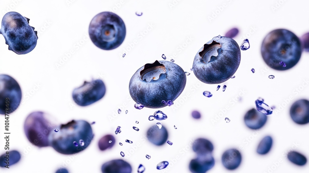 Blueberries in mid-air with water droplets isolated on a white background fresh and vibrant fruit for healthy eating. Generative AI Blueberries in mid-air with water droplets isolated on a white background fresh and vibrant fruit for healthy eating. Generative AI