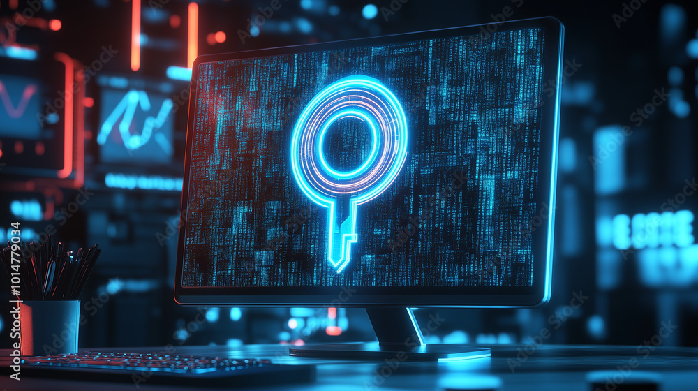 3D Render of Cyber Digital Key Icon on Computer Screen 3D Render of Cyber Digital Key Icon on Computer Screen