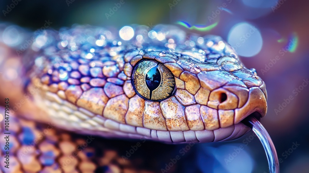 A close-up of a colorful snake's head, showcasing its intricate scales and striking eye. A close-up of a colorful snake's head, showcasing its intricate scales and striking eye.