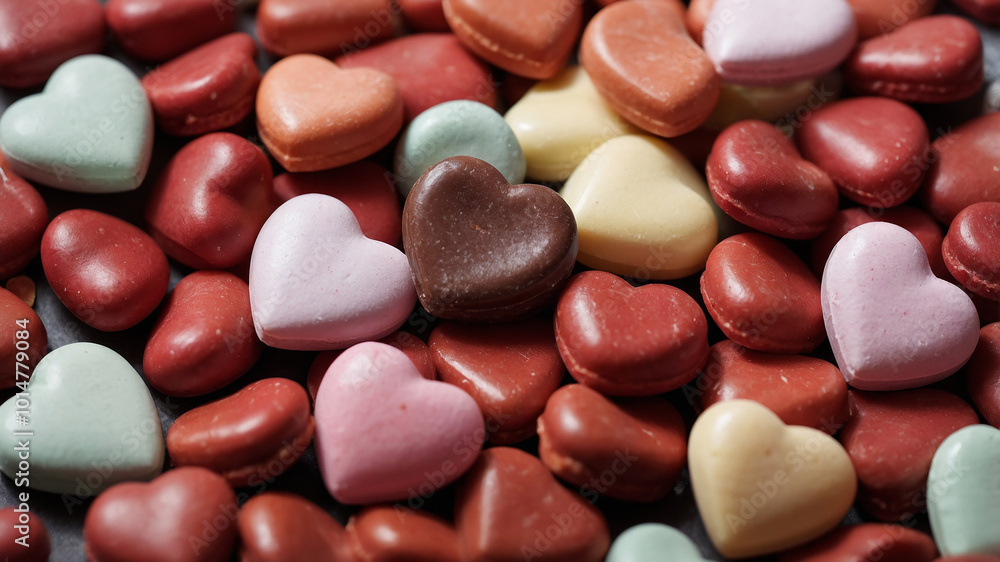 A vibrant collection of heart-shaped candy with various colorful and small decorative details nestled around. A vibrant collection of heart-shaped candy with various colorful and small decorative details nestled around.