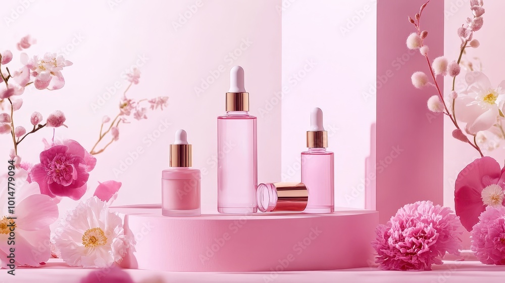 Three elegant pink cosmetic bottles surrounded by flowers on a soft pastel background. Three elegant pink cosmetic bottles surrounded by flowers on a soft pastel background.
