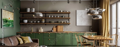 Elegant apartment with moss green kitchen cabinets, wooden art shelves, taupe walls, silver pendant lights, chocolate brown sofa, and gold dining chairs photo