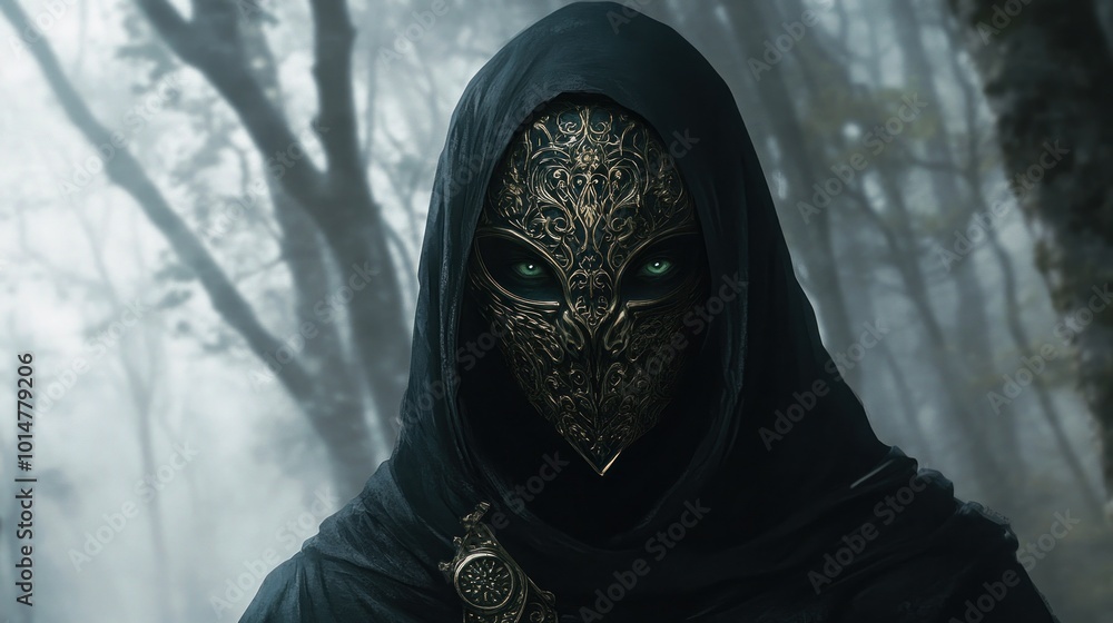 A mysterious figure in a dark forest, wearing an ornate mask and cloak. A mysterious figure in a dark forest, wearing an ornate mask and cloak.