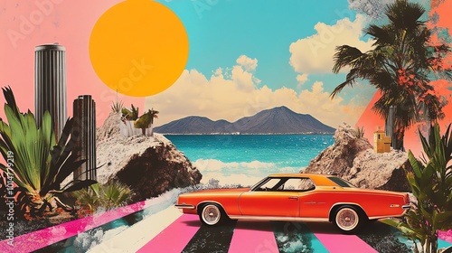 A vintage orange car drives on a colorful road with a beach and mountains in the background.