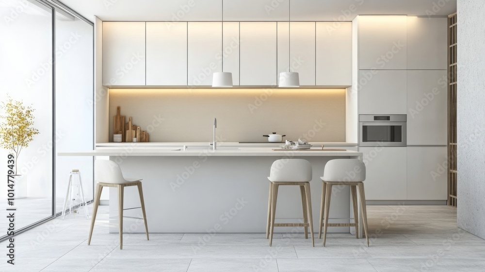 A spacious kitchen with white cabinets and a large island. The island has a white countertop and three wooden bar stools. The backsplash is a light beige color with a strip of LED lighting A spacious kitchen with white cabinets and a large island. The island has a white countertop and three wooden bar stools. The backsplash is a light beige color with a strip of LED lighting