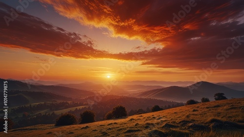 Realistic illustration of a sunrise landscape behind the mountains with beautiful orange light in the sky that is pleasing to the eye