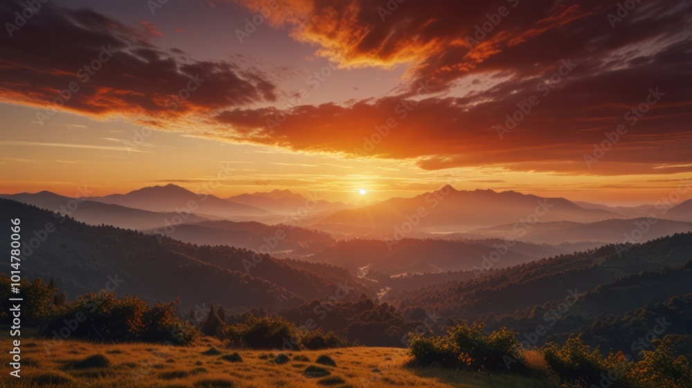 Obraz premium Realistic illustration of a sunrise landscape behind the mountains with beautiful orange light in the sky that is pleasing to the eye