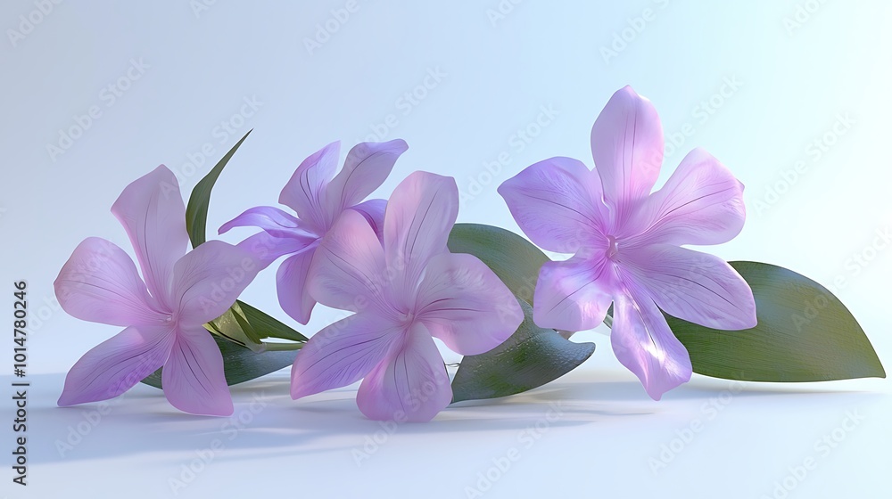 Obraz premium Delicate Pink Flowers with Green Leaves on White Background