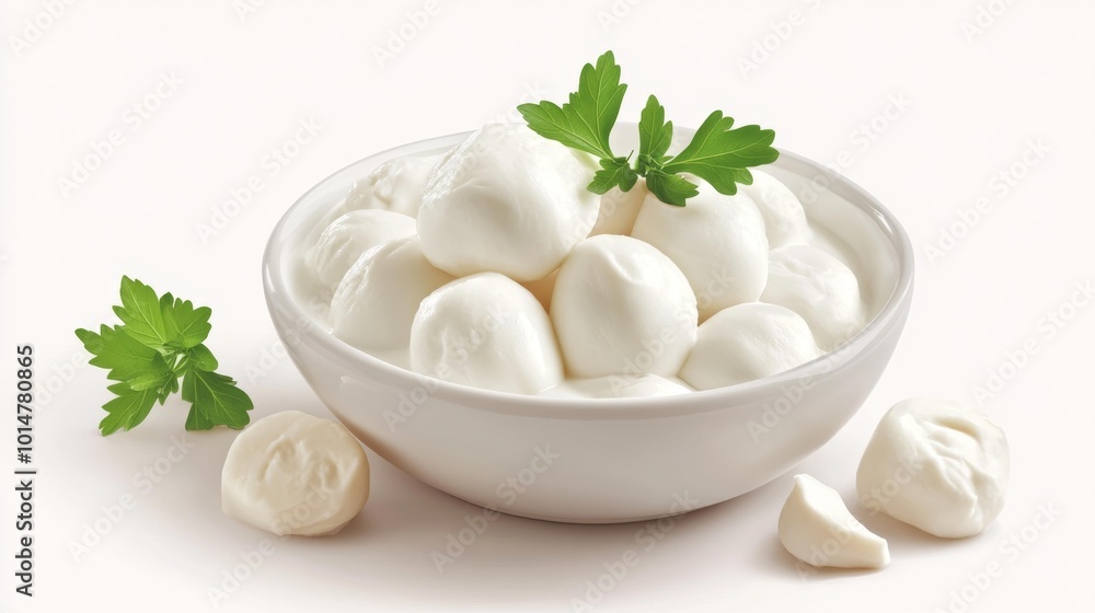 Fresh mozzarella cheese balls in a white bowl garnished with parsley isolated on a white background realistic food styling. Generative AI Fresh mozzarella cheese balls in a white bowl garnished with parsley isolated on a white background realistic food styling. Generative AI