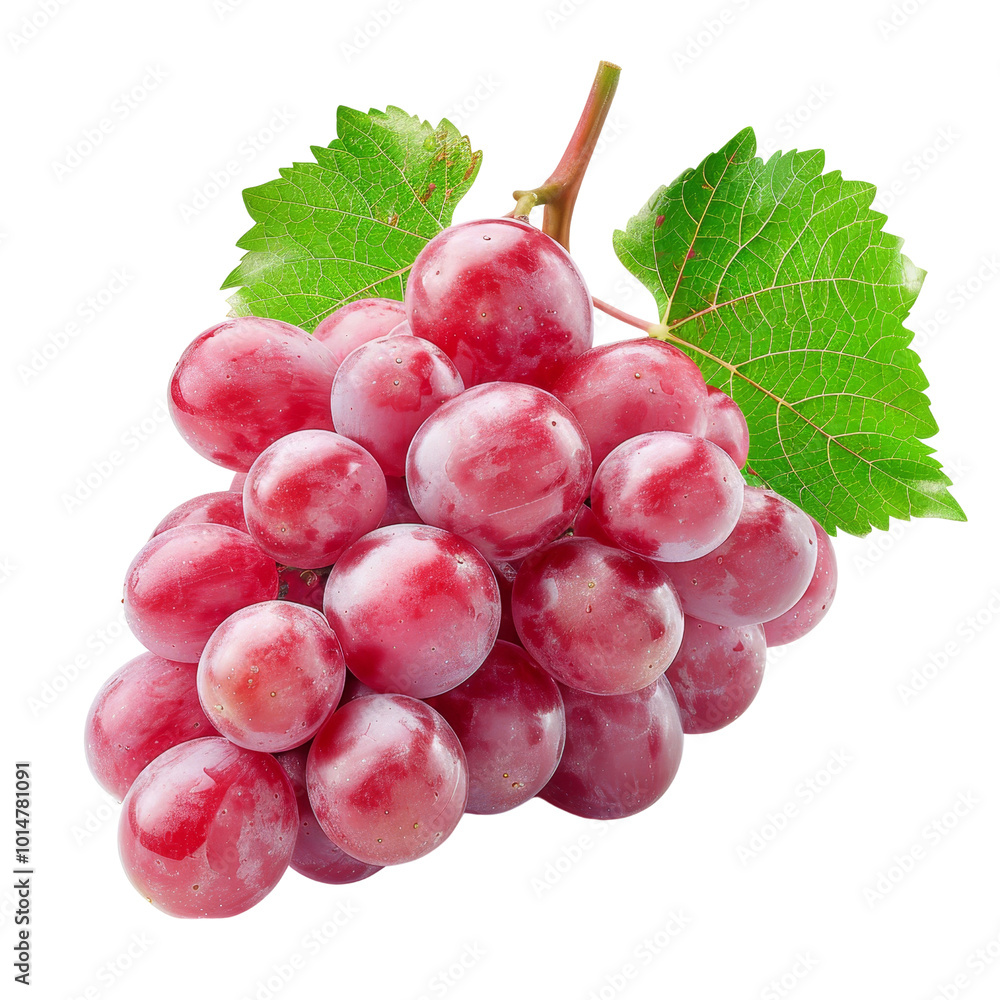 Fototapeta premium Fresh Bunch of Juicy Red Grapes with Green Leaves Attached