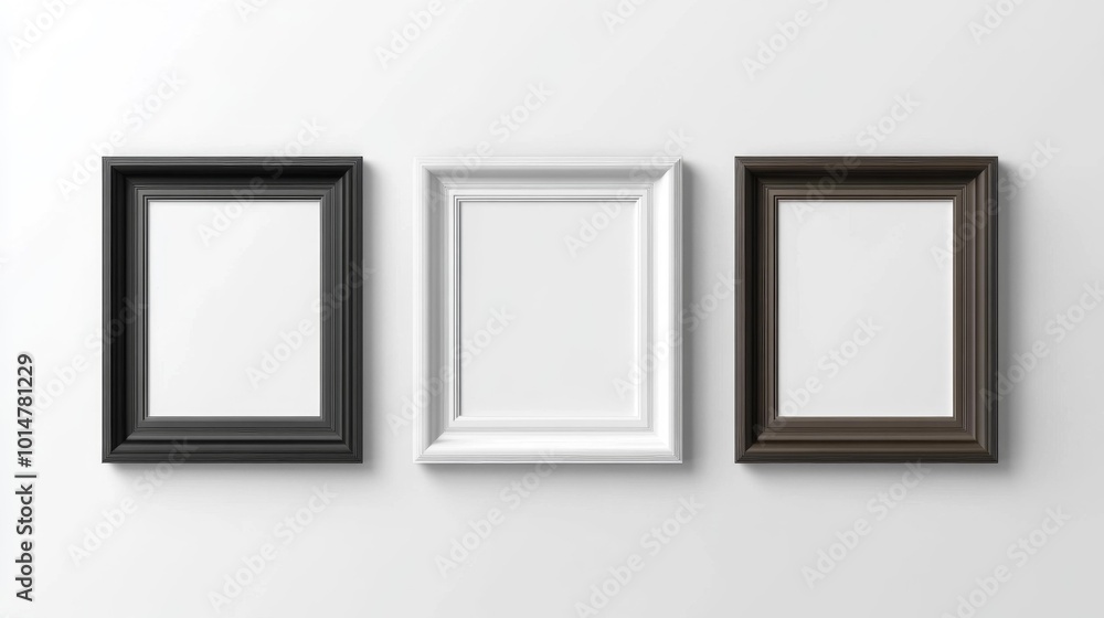 Picture Frames in Black White and Brown on White Background Realistic Minimalistic Design Set of Three Frames Clean and Elegant. Generative AI Picture Frames in Black White and Brown on White Background Realistic Minimalistic Design Set of Three Frames Clean and Elegant. Generative AI