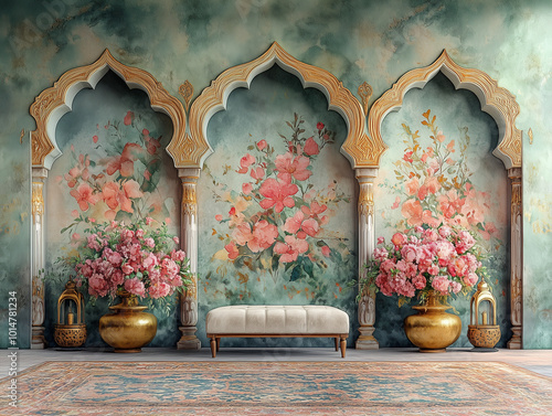 A watercolor illustration of a grand ballroom setup featuring a royal ottoman, placed in front of three large, soft pastel green arches in the background