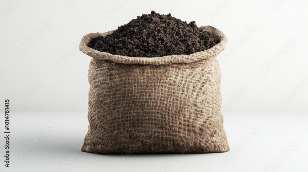 Realistic image of a burlap sack filled with planting soil isolated on a white background perfect for gardening landscaping and agriculture-related projects. Generative AI Realistic image of a burlap sack filled with planting soil isolated on a white background perfect for gardening landscaping and agriculture-related projects. Generative AI