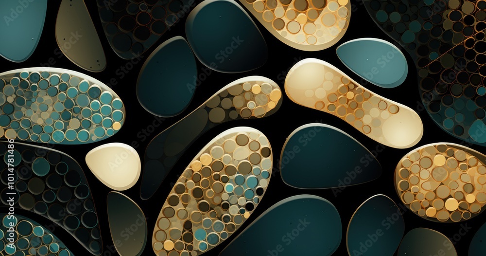 A beautiful seamless pattern with a digital illustration of dots in oval shapes, their surfaces reflective and textured like metallic pieces A beautiful seamless pattern with a digital illustration of dots in oval shapes, their surfaces reflective and textured like metallic pieces