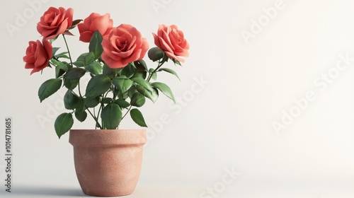 Potted Rose Plant with Blooming Flowers on White Background Realistic 3D Render. Generative AI