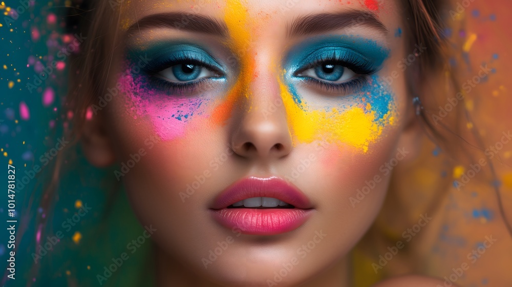 Colorful Face Art Close-Up with Vibrant Splashes of Paint and Blue Eyes_8 Colorful Face Art Close-Up with Vibrant Splashes of Paint and Blue Eyes_8