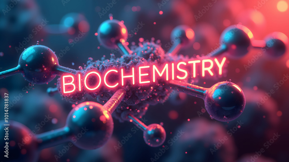 Biochemistry molecular structure with glowing particles Biochemistry molecular structure with glowing particles