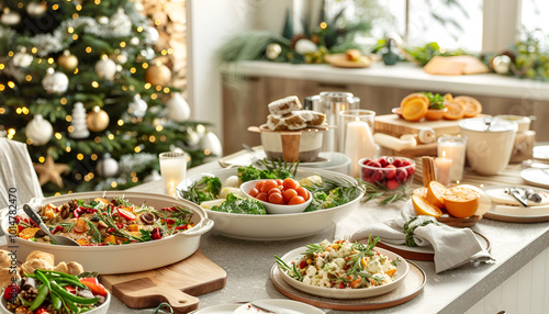 A modern kitchen scene with a completely plant-based christmas meal, featuring a festive table setting, various vegan dishes, and a decorated christmas tree in the background