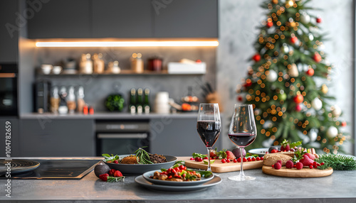 A modern kitchen scene with a completely plant-based christmas meal, featuring a festive table setting, various vegan dishes, and a decorated christmas tree in the background