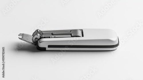 Realistic metal stapler isolated on a white background perfect for office supplies or stationery-themed projects. Ideal for representing workspaces organization and productivity tools.. Generative AI