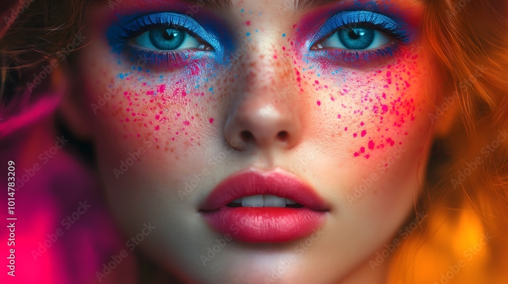 Colorful Face Art Close-Up with Vibrant Splashes of Paint and Blue Eyes_3 Colorful Face Art Close-Up with Vibrant Splashes of Paint and Blue Eyes_3