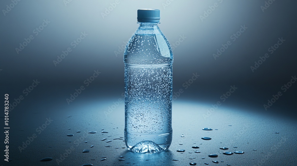 A plastic bottle of water with water droplets on it and the surface around it. A plastic bottle of water with water droplets on it and the surface around it.