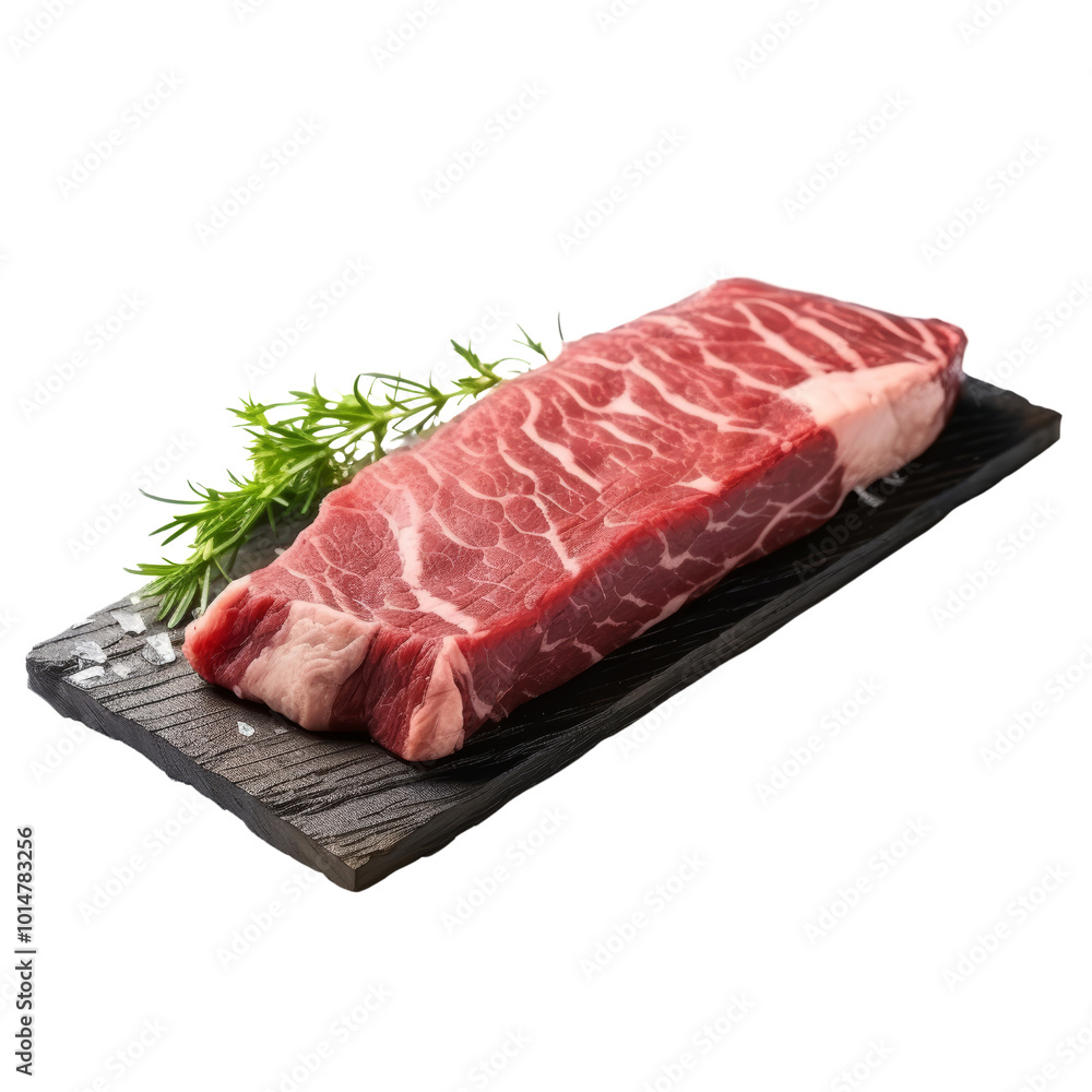 Fresh Cut Beef Steak with Green Herbs on Slate Board. Fresh Cut Beef Steak with Green Herbs on Slate Board.