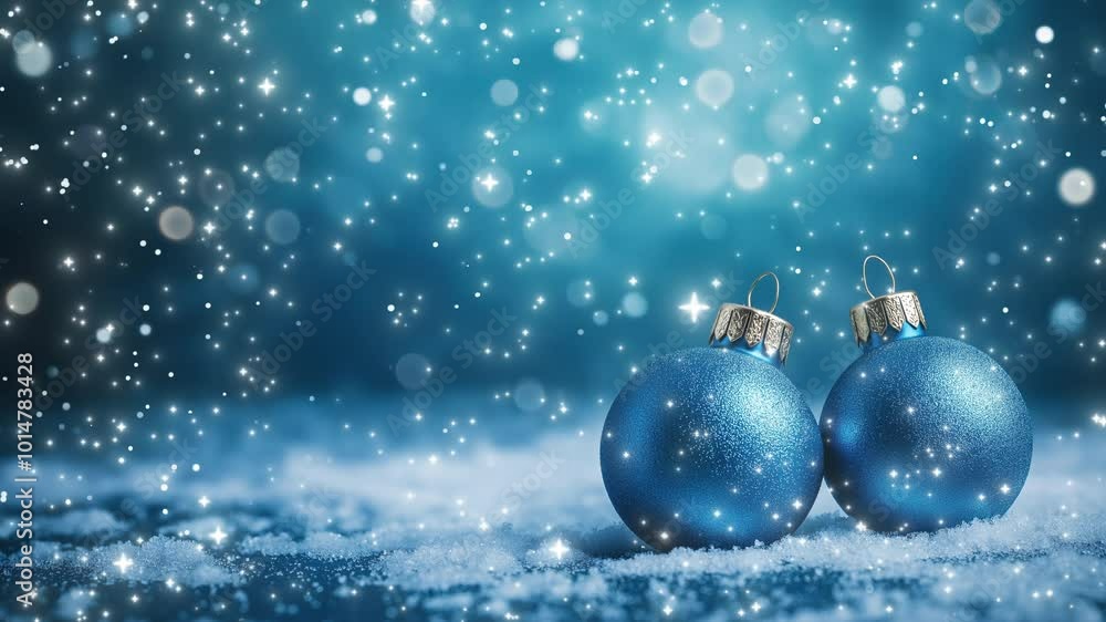 Christmas blue background. Branches of a blue spruce, Christmas tree decorations along the edge, it is snowing, lights are sparkling. Christmas blue background. Branches of a blue spruce, Christmas tree decorations along the edge, it is snowing, lights are sparkling.