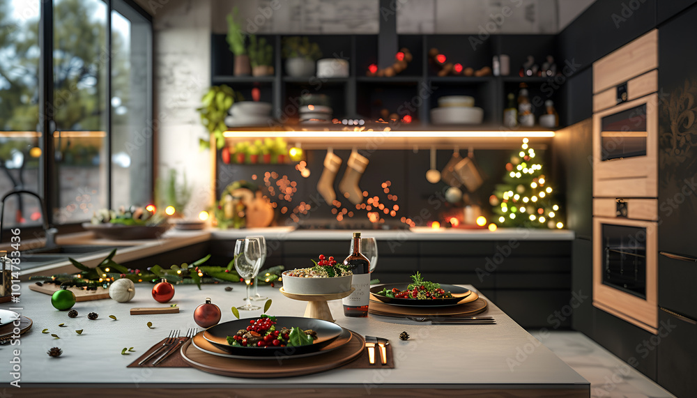 A modern kitchen scene with a completely plant-based christmas meal, featuring a festive table setting, various vegan dishes, and a decorated christmas tree in the background A modern kitchen scene with a completely plant-based christmas meal, featuring a festive table setting, various vegan dishes, and a decorated christmas tree in the background